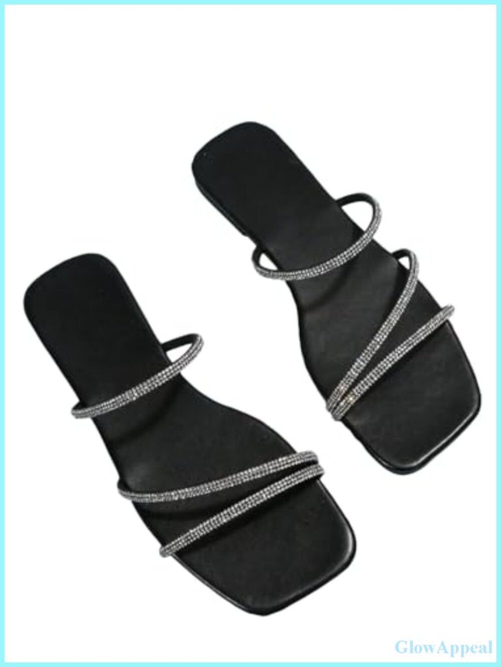 Women's Rhinestone Strappy Flat Sandals Square Open Toe PU Leather